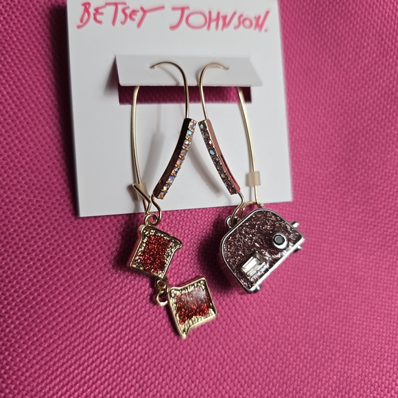 Betsey Johnson Gold-Tone Drop Earrings with Red & Pink Glitter Charms - Picture 6 of 14